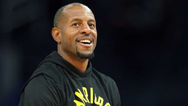 Closeup of Andre Iguodala during warmups